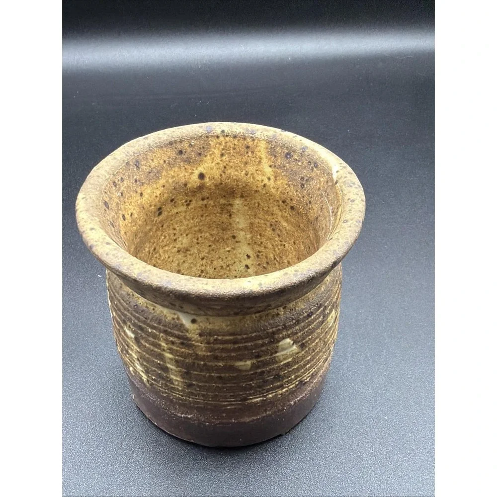 VTG Studio Pottery Small Vase Crock Brown Speckled Stoneware Rustic 3 1/2 In
